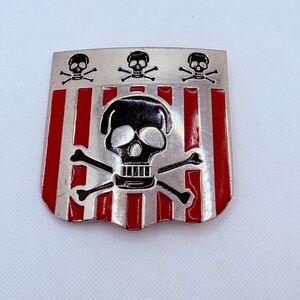 Vintage Retro Skull & Crossbones Large Belt Buckle Red Stripes Silver Tone